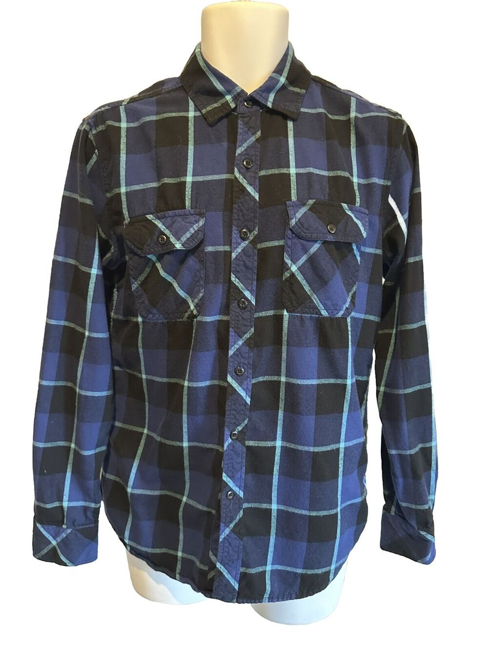 Surplus Men's S Small Blue Plaid Long Sleeve Button Down Shirt 100% Cotton